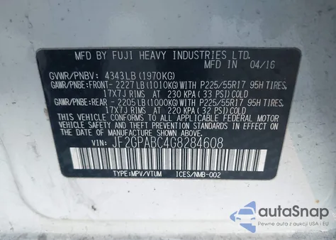 2016 Subaru Crosstrek 2.0I Premium z USA, uszkodzony, nr VIN JF2GPABC4G8284608